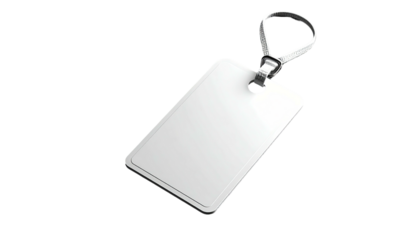 Glossy, rectangular white tag with a metallic loop, isolated on a stark black background