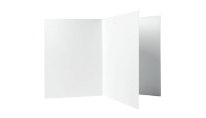 A blank white, tri-fold brochure, isolated, casting soft shadows on a black backdrop