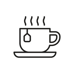 A line drawing of a teacup with a teabag steam and saucer