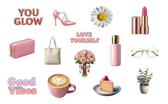 Feminine aesthetic sticker set with pink fashion accessories, coffee, flowers, and positive quotes isolated on transparent background for lifestyle design use - Powered by Adobe