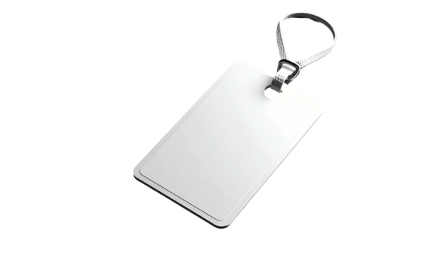 Glossy, rectangular white tag with a metallic loop, isolated on a stark black background