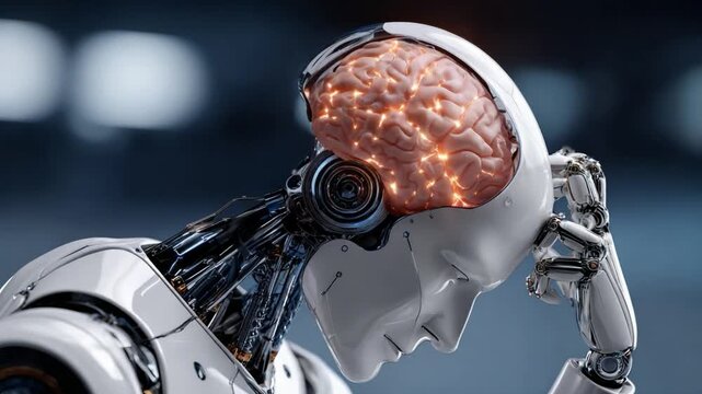 Digital Mindscape: A robotic figure, displaying a glowing, intricate brain, embodies the convergence of artificial intelligence and the human intellect.