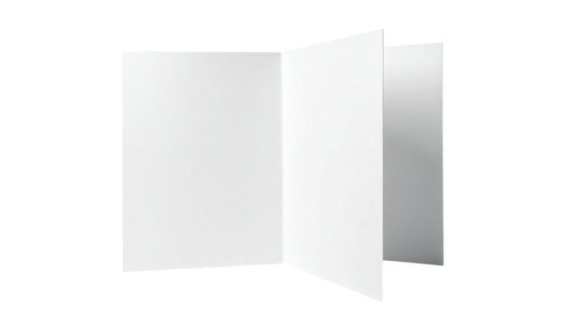 A blank white, tri-fold brochure, isolated, casting soft shadows on a black backdrop
