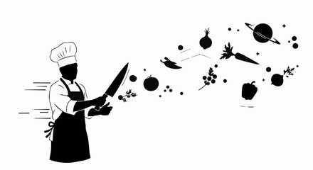 Chef creating culinary magic with flying ingredients and planets