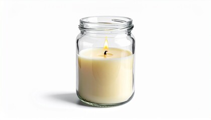 A Lit Cream Candle in a Glass Jar on White—Celebrating Warmth, Calm, and the Quiet Glow of Flame as a Symbol of Presence, Reflection, and the Beauty of Everyday Ambiance