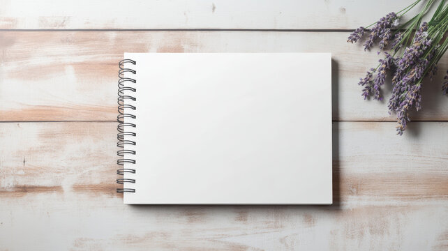 Blank spiral notebook mockup on bright wooden surface with lavender, flat lay creating a serene workspace concept