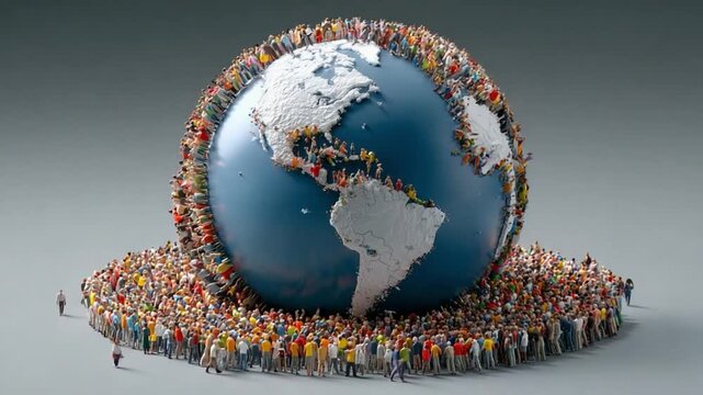 Global Unity: A diverse assembly of humanity encircles the Earth, symbolizing unity and interconnectedness. This powerful image captures the essence of global cooperation.