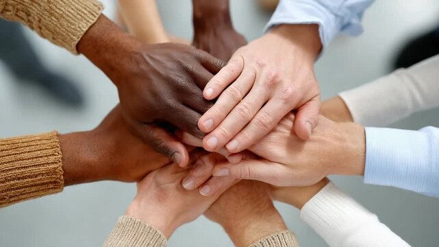 United Hands: A symbol of unity and solidarity is created as hands of diverse individuals come together, forming a powerful emblem of teamwork and support.