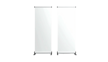 Two blank white vertical banner stands are positioned, each on a dark background