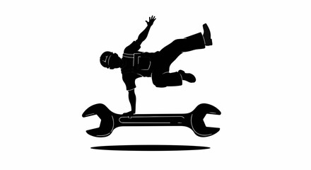 Dynamic silhouette of a mechanic performing a breakdance move on a large wrench, symbolizing skill and precision in repair work.
