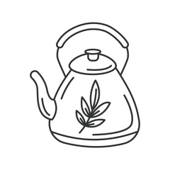 A line drawing of a teapot with a handle spout lid and leaf design on its body