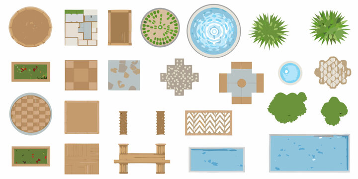 Collection of top down garden elements and landscaping features for outdoor design