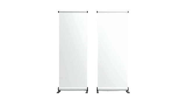 Two blank white vertical banner stands are positioned, each on a dark background
