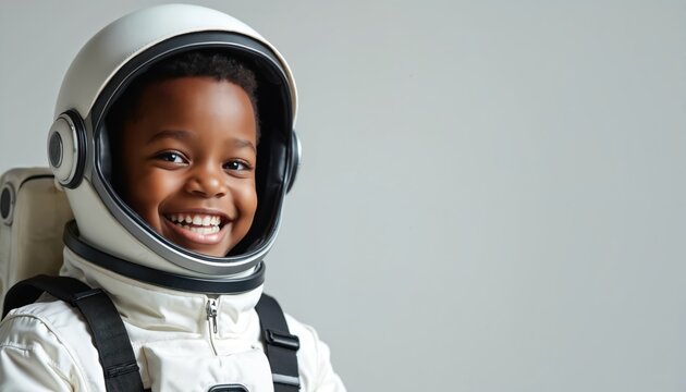 Smiling young african american boy wears astronaut suit and helmet against plain white background. Child dreams of space exploration and future career as pilot or scientist. He is happy and ready.