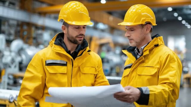 Factory Collaboration: Two professionals clad in yellow safety gear review blueprints amidst an industrial setting, symbolizing expertise and collaborative work