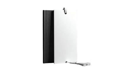 A stark, minimalist composition featuring a partially obscured book and a blank white tag