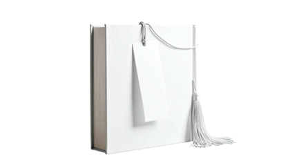 A blank hardcover book with a tassel bookmark and blank tag against a stark black background