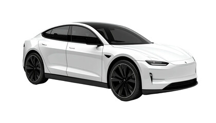 Fototapeta premium Sleek white electric sedan with black roof and wheels against a transparent background