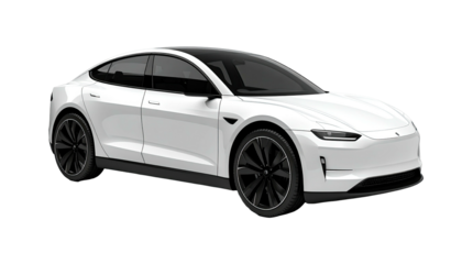 Sleek white electric sedan with black roof and wheels against a transparent background