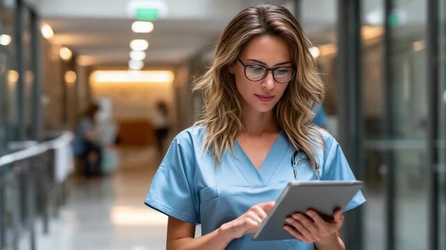 Nurse's Digital Connection: A focused nurse, clad in medical attire, utilizes a tablet within a hospital setting, reflecting dedication and professional commitment.
