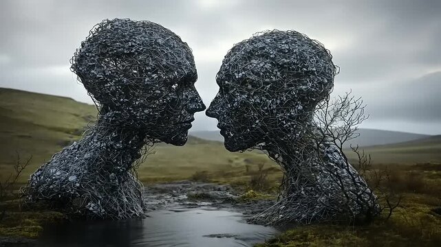 Sculpted Connection: Two Stone Figures in Natural Landscape Reflecting Affinity