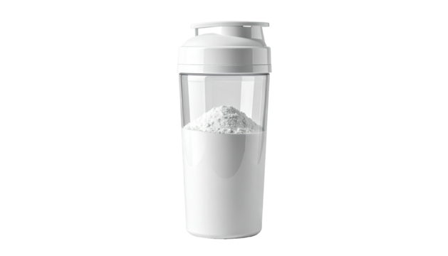 Clear plastic shaker bottle, half-filled with white powder on black background