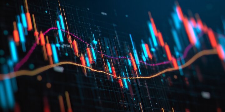 Digital financial chart displays fluctuating market performance data with bright colored indicators against a dark background.