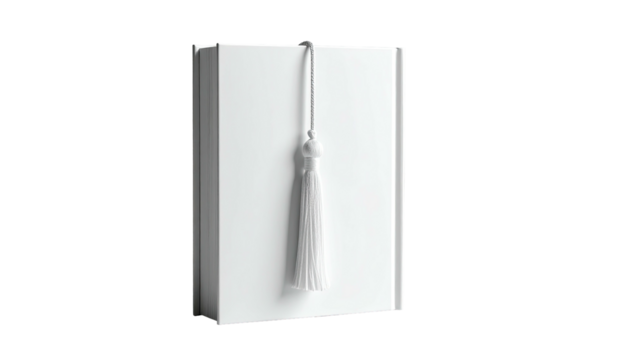 A white book stands upright, showcasing a tassel from a graduation cap