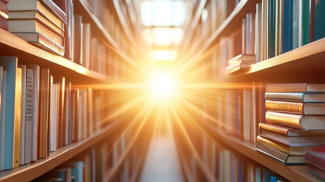 Enlightenment through Literature: A library of knowledge unfolds, leading the viewer toward a radiant source of light, evoking the transformative power of reading and learning.