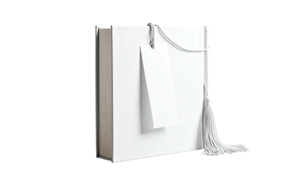 A blank hardcover book with a tassel bookmark and blank tag against a stark black background