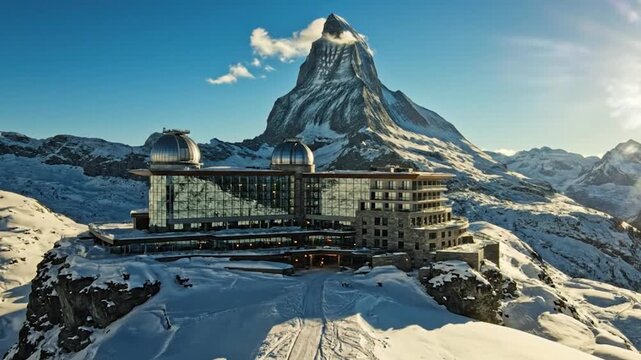 Hotel with domes on snow covered mountain with the matterhorn peak in the background on a clear day