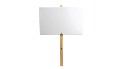 A blank white sign with a wooden post, against a black backdrop, simple and straightforward