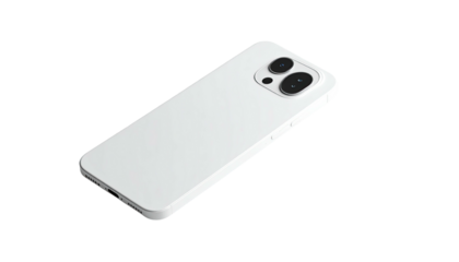 A white smartphone with a dual-lens camera on a black background, angled view