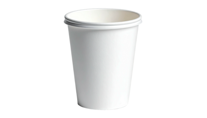 A tall, empty white disposable paper cup stands against a stark, black background