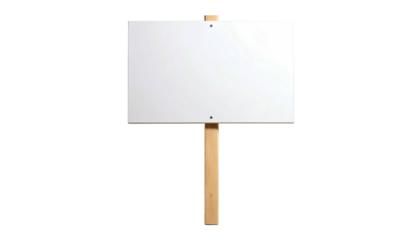 Wooden blank sign board with a white surface, resting on a brown wooden support