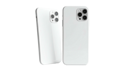 Two white phone cases, one angled, displaying camera lens and sleek design