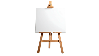Wooden easel holding a blank, white canvas; centered on a black background