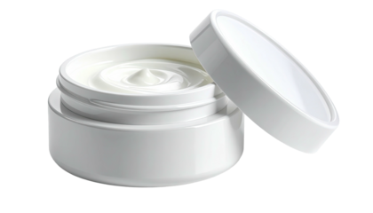 A close-up view of a partially open, white skincare cream jar against a transparent background