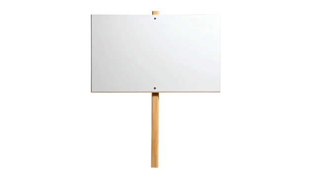 Plain white rectangular sign supported by a wooden post, isolated on a black background