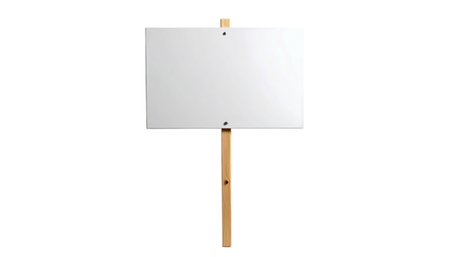 A blank white sign with a wooden post, against a black backdrop, simple and straightforward