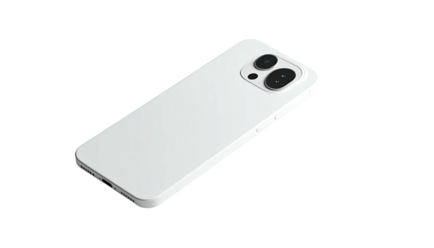 A white smartphone with a dual-lens camera on a black background, angled view