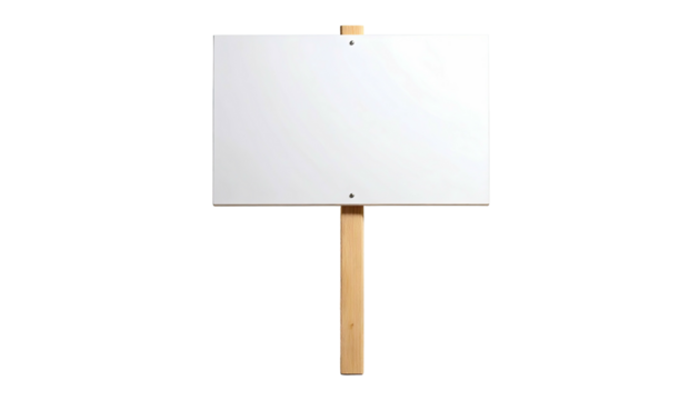 Wooden blank sign board with a white surface, resting on a brown wooden support