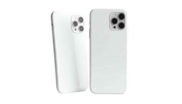 Two white phone cases, one angled, displaying camera lens and sleek design - Powered by Adobe