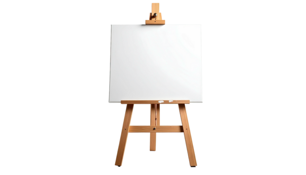 Wooden easel holding a blank, white canvas; centered on a black background