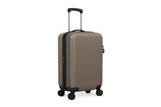 Brown rolling suitcase luggage on transparent background