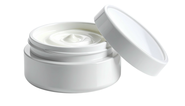 A close-up view of a partially open, white skincare cream jar against a transparent background