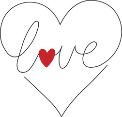 Elegant and minimalist hand-drawn illustration of the word 'love,' integrated with a delicate heart shape, on a white background