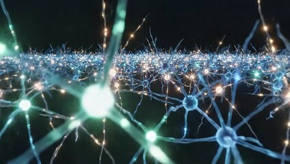 Neural network with glowing nodes and connections in a dark environment - Powered by Adobe