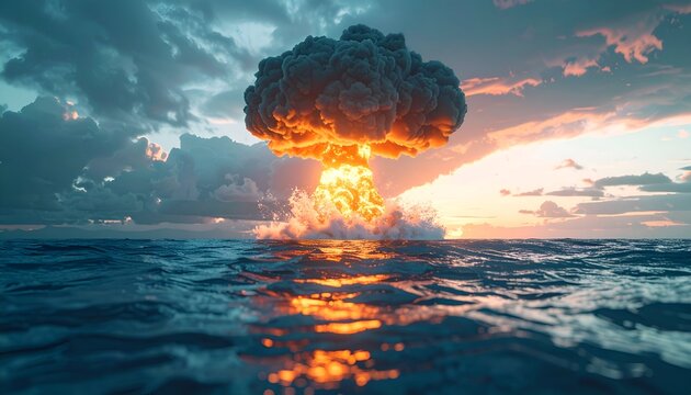 A colossal mushroom cloud erupts over ocean, a fiery explosion piercing the stormy sky