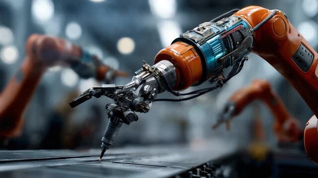 Robotic Automation: Dynamic view of futuristic robotic arms working collaboratively in a modern manufacturing plant, highlighting the integration of technology and precision in automated production.